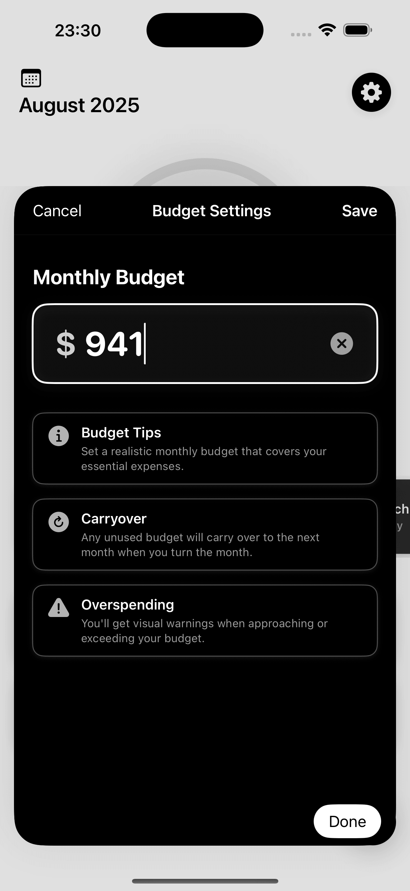 Budget settings sheet with a monthly budget field and cards explaining carryover and overspending